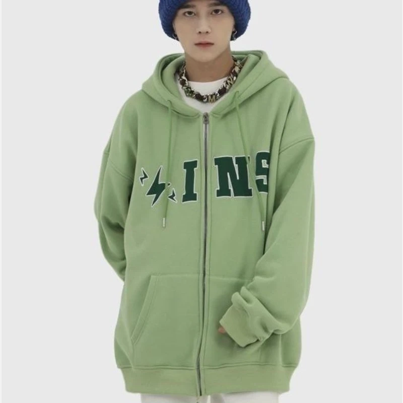 New Homemade Couple Hip-hop Ice Cream Two-color Big Logo Cardigan with Fleece Hooded Sweatshirt Jacket Trend