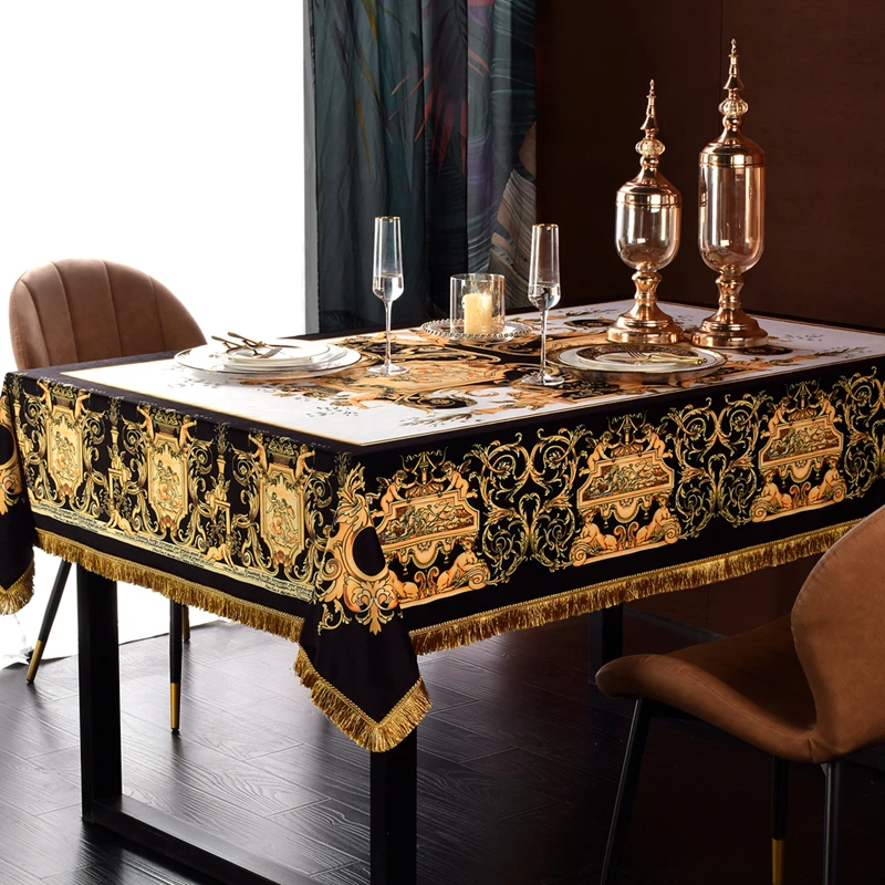

Rectangular Round Tassel Tablecloth, Luxury European Royal Vintage, Decorative Dining Table, Wedding Party Decor, Home Hotel, #/
