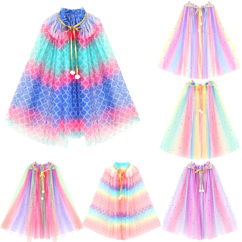 Girls Rainbow Sequin Princess Shawl Colorful Tulle Cape Cloak Child Fancy Dress Up Mantle Cosplay Halloween Costume Kids Clothes