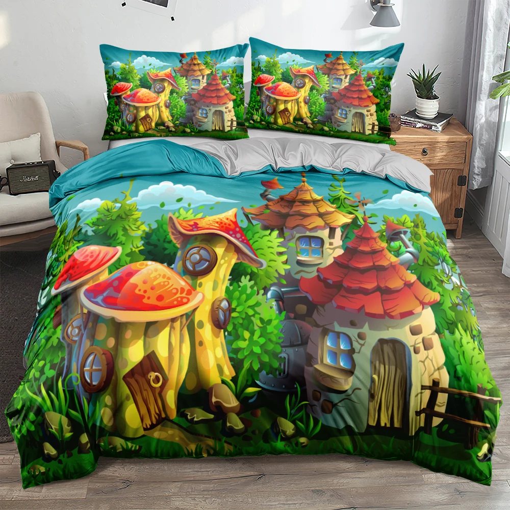 3D Cartoon Mushroom Houses Bed Linen Intense Color Duvet Cover Set Twin Queen King Size 265x230cm Bed Linen for Boys Girls Kids