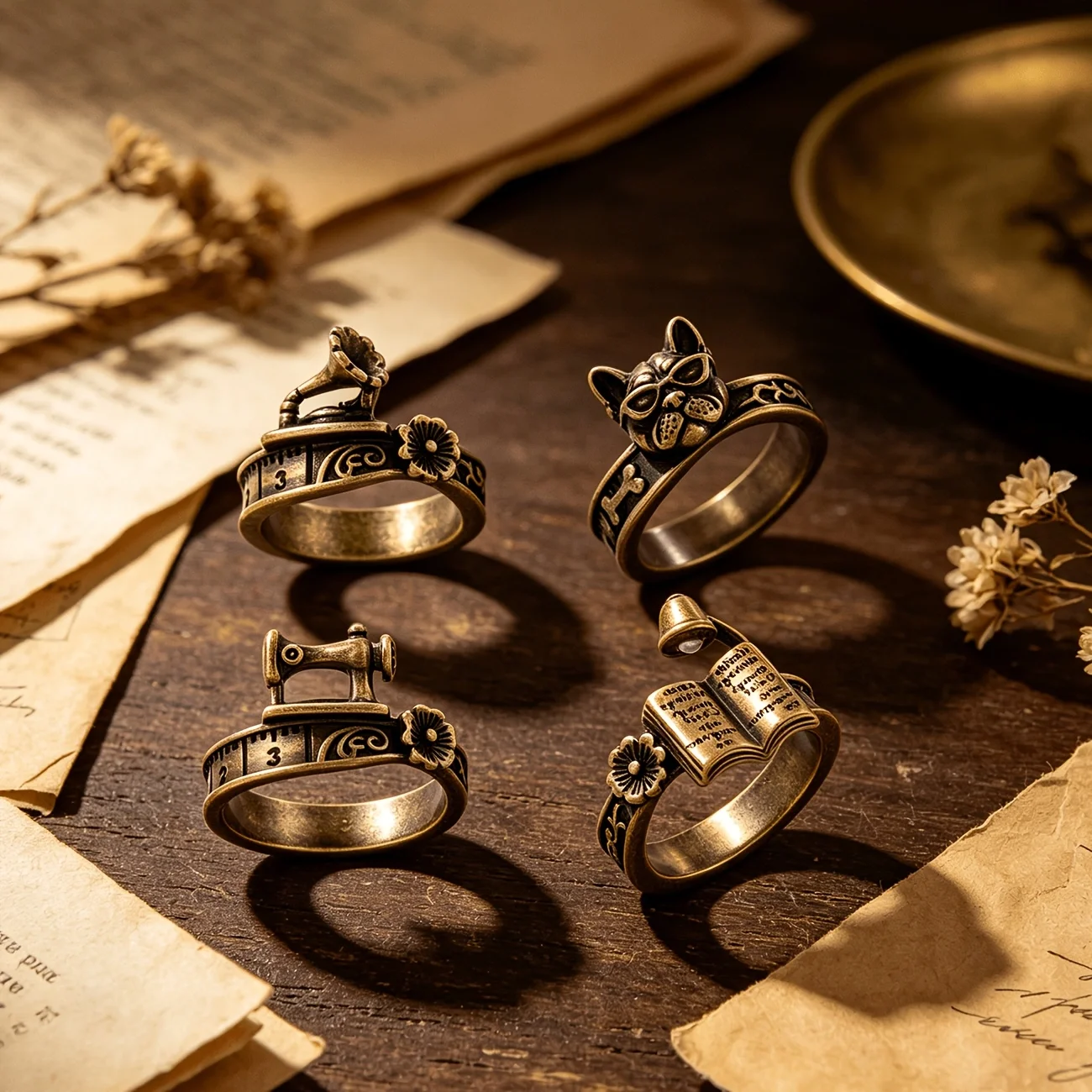 4pcs Retro Floral Stackable Ring Pack, Antique Bronze Mini Gramophone Sew Machine Book Dog Design Trendy Daily Party  Accessory