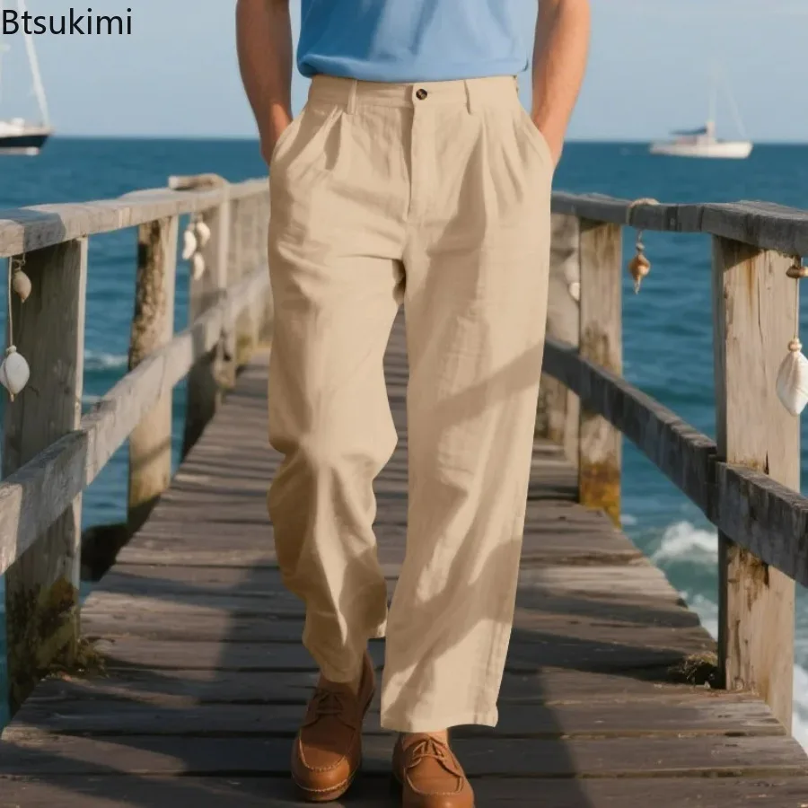 Men's Casual Cotton Line Loose Business Office Suit Trousers Solid Spring Autumn Straight Club Party Long Pants Male Clothing