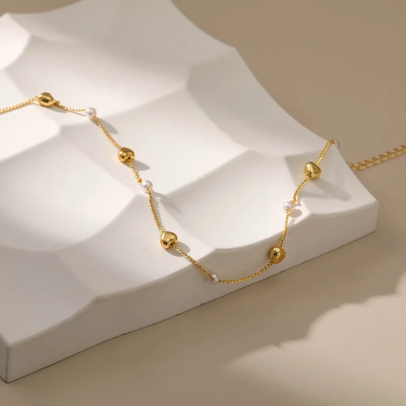 Minimalist Link Chain Necklace with Heart Beads 18k Gold Plated High Quality Waterproof Necklace for Women Jewelry Accessories