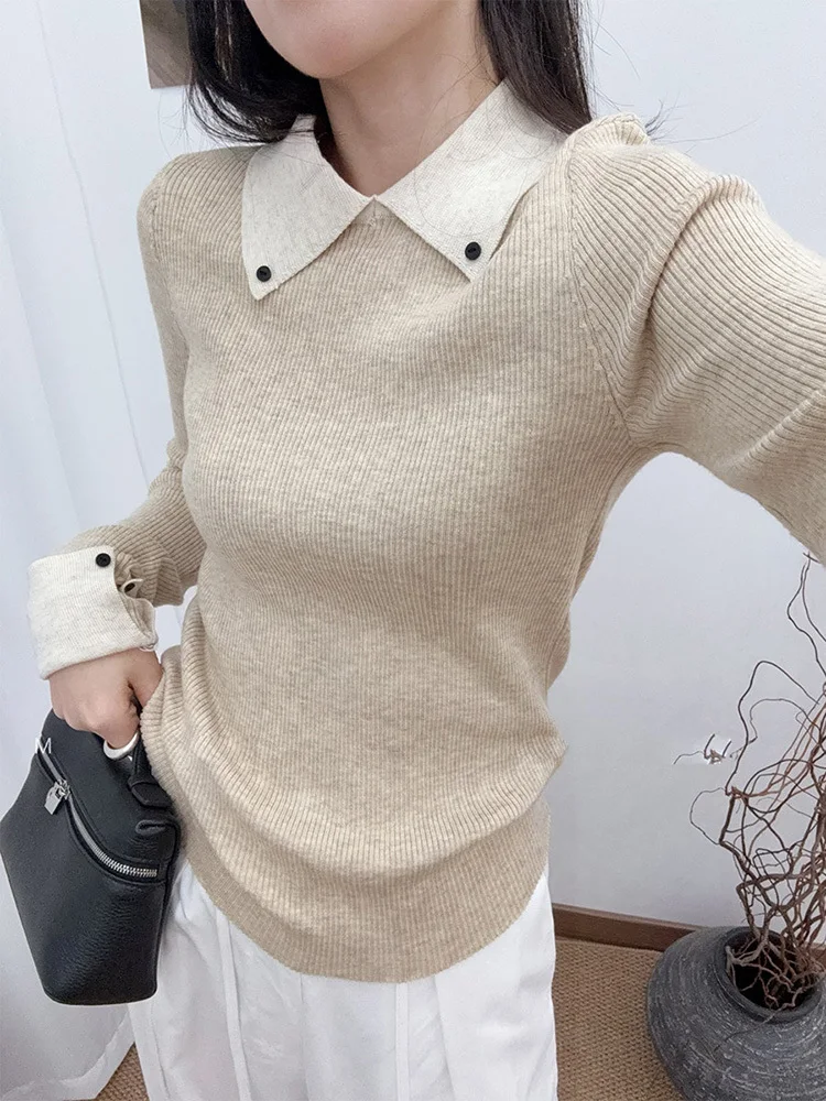 Color-Block Polo Collar Knitted Sweater For Women Autumn Winter Slim Inner Layer Knitwear