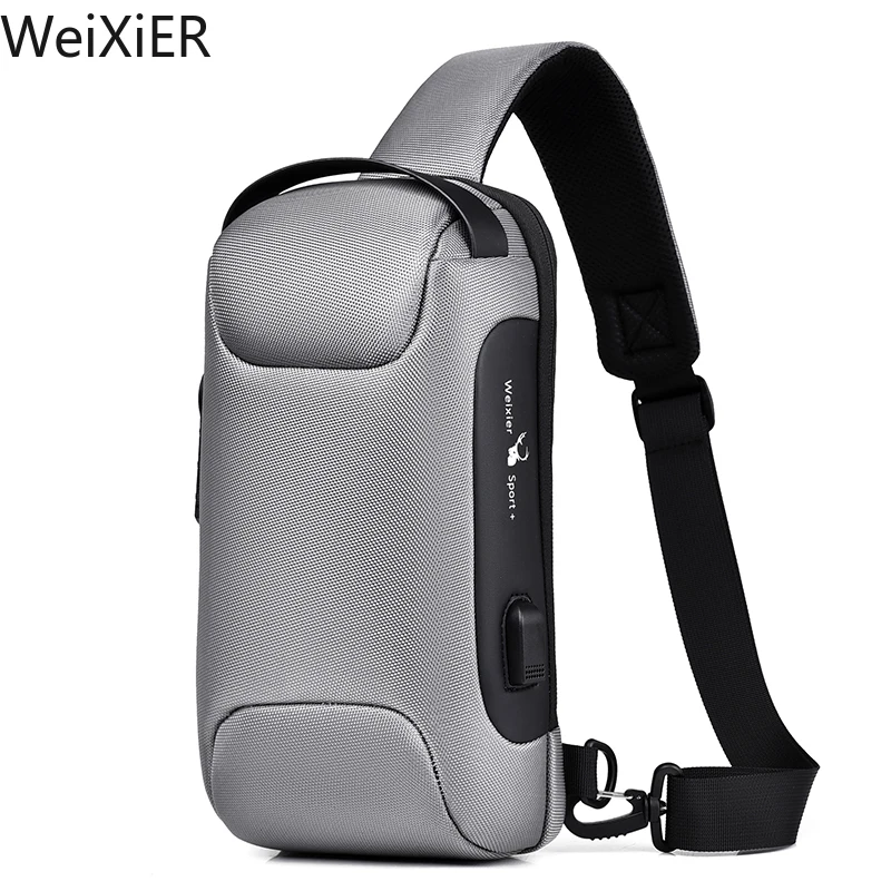 WEIXIER NEW Shoulder Bag for Men Waterproof USB Crossbody Bag Anti-Theft Short Travel Messenger Sling Fashion Designer Chest Bag