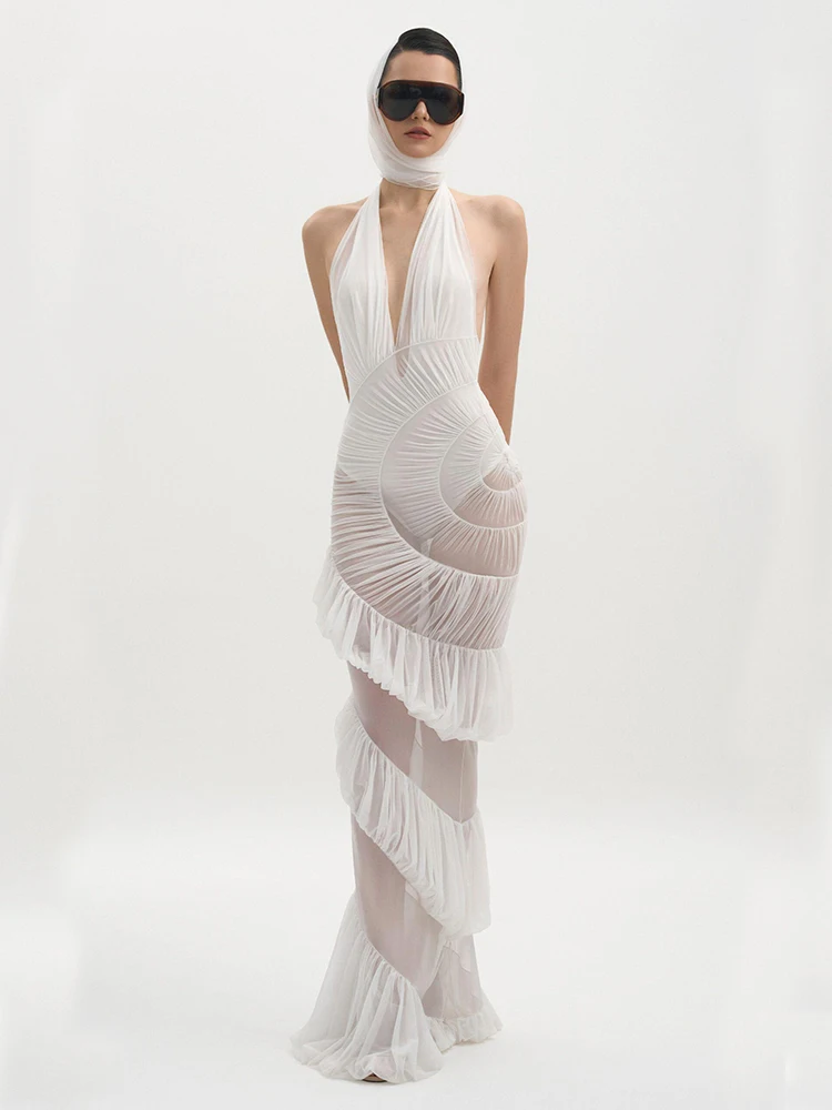 

2025 Sexy Women Slimming Spliced Ruffles Folds Elegant Long Dress Halter Sleeveless Temperament Dress New Formal Wedding Dress