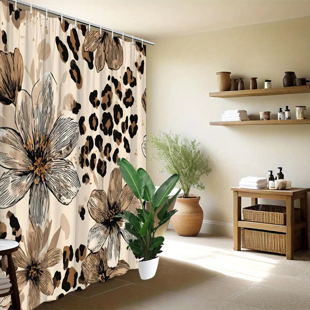 Leopard Print and Floral Shower Curtain Beige and Brown Color Block Design Waterproof Fabric for Modern Safari Style Bathroom