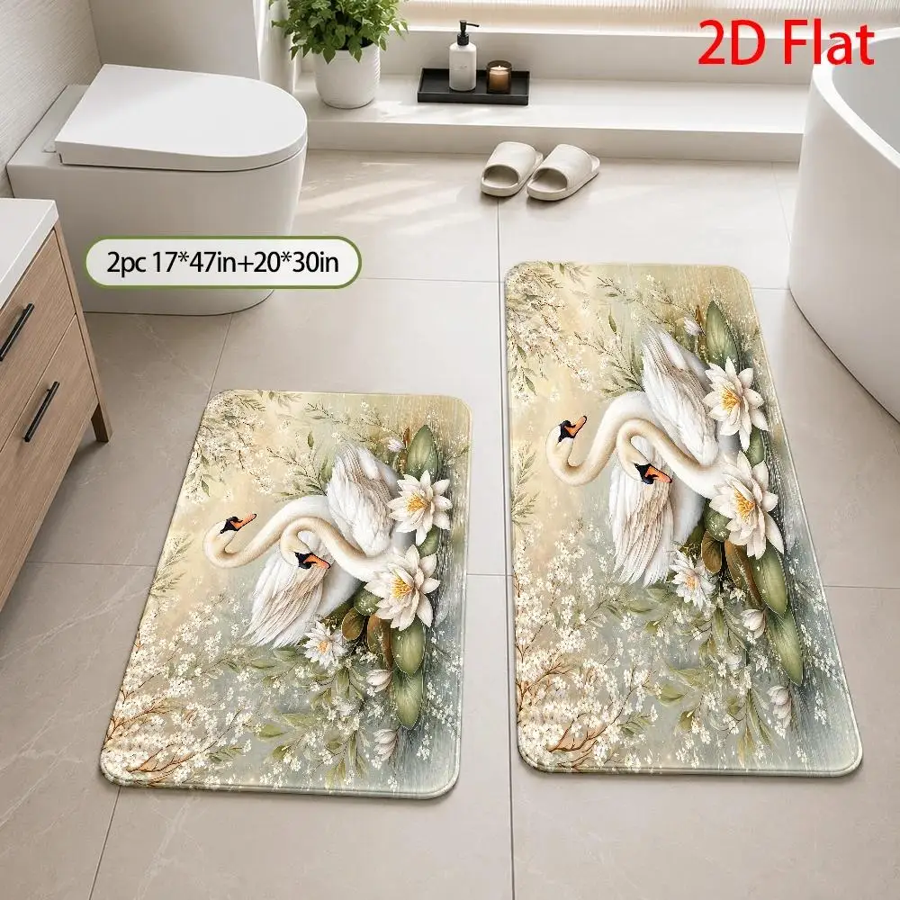 1pc, 2pcs, 3pcs, 2D Flat, Elegant Swan And Lotus Blossom Bath Rug Sets, Romantic Water Lily Bathroom Mat, Machine Washable Bat