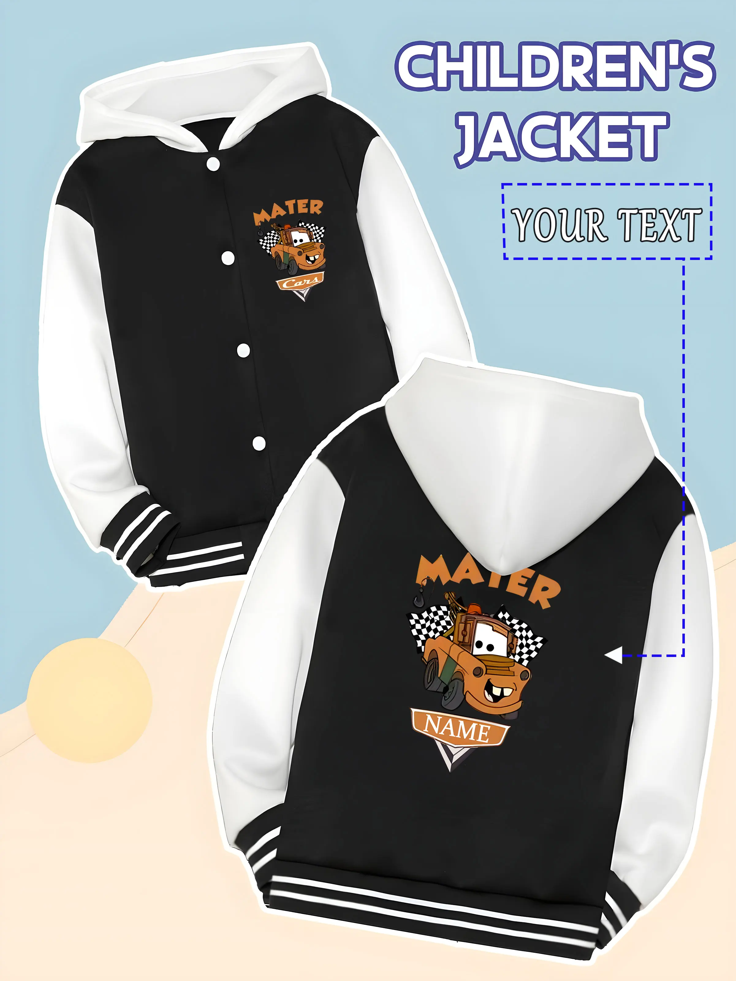 

MINISO Disney Cars Mater-style children's baseball jacket - Mater's fun image, classic healing, suitable for campus life, leisur