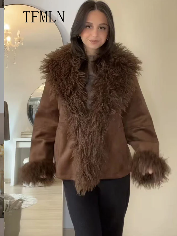 Warm Patchwork Faux Fur Jacket Women  2025 Autumn Winter Retro Covered Button Pockets Street Causal Coat Luxury Thick Outwear