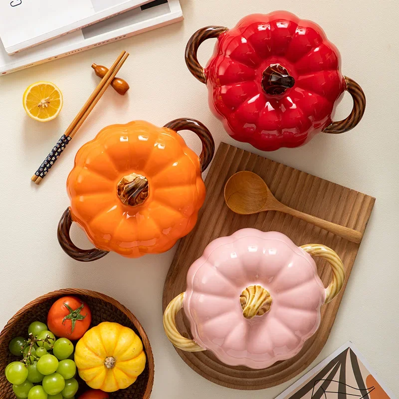 Pumpkin Soup Pot Halloween Ceramic with Lid Can Not Cook Creative Double-ear Bowl Noodle Fruit Home Soup Large Capacity Bowl