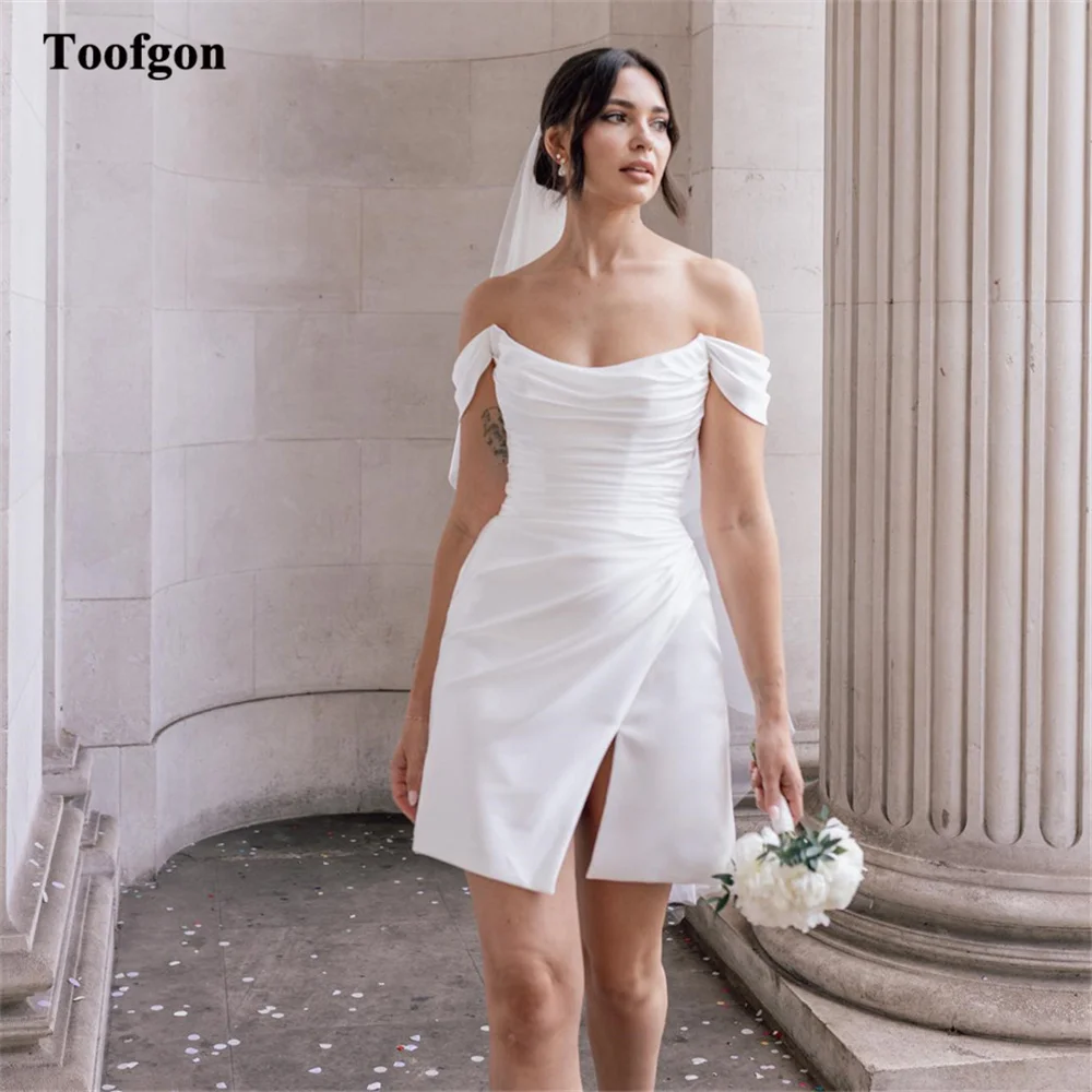 Toofgon-Mini vestidos de novia por encima de la rodilla para mujer, vestidos de novia plisados con hombros descubiertos, vestidos de novia de princesa, vestido de fiesta