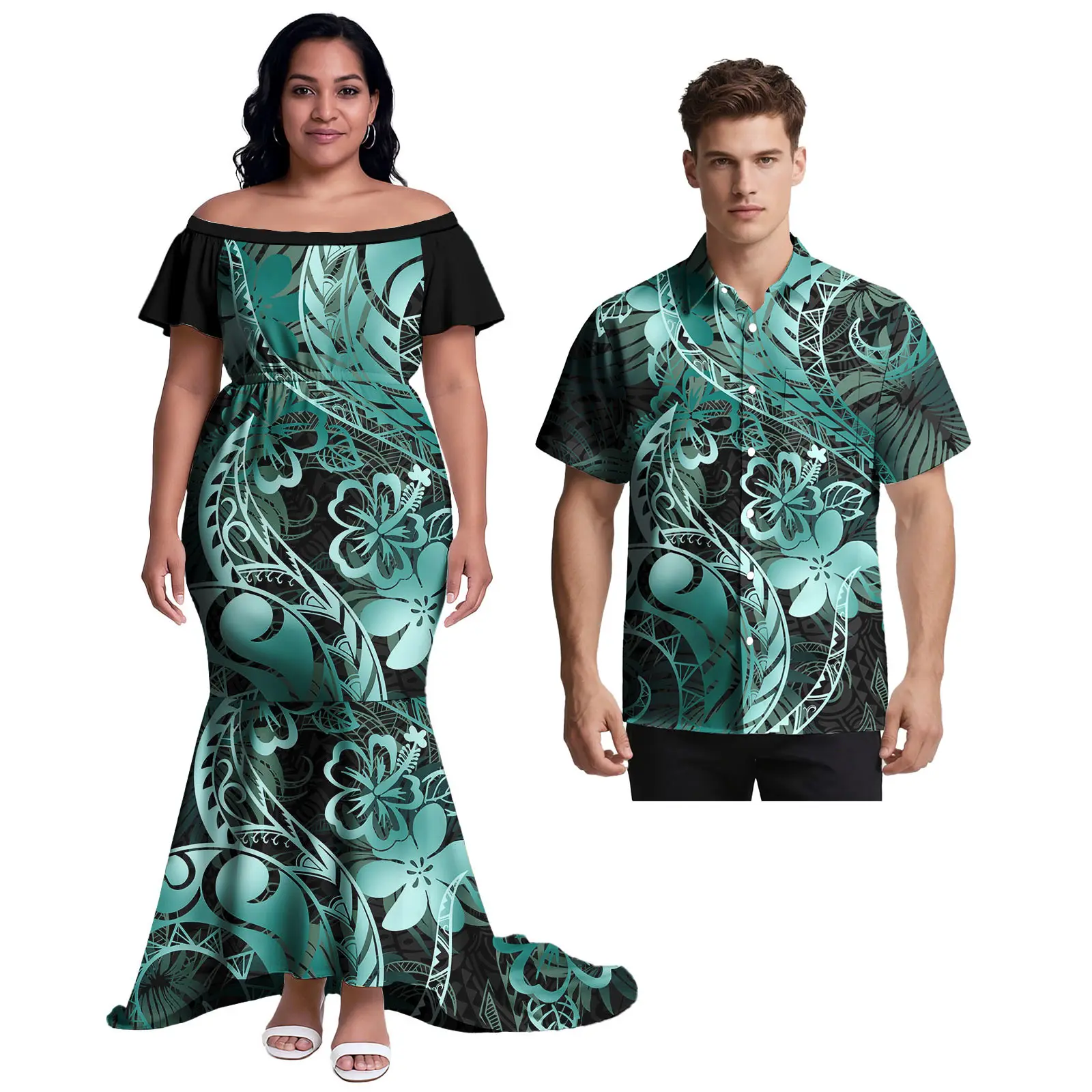 Monstera ليف الباردة الكتف النساء فستان الرجال ألوها تي شيرت هاواي ملابس مخصصة ساموا بولينيزيا زوجين عادية 2 الأسعار مجموعات #6