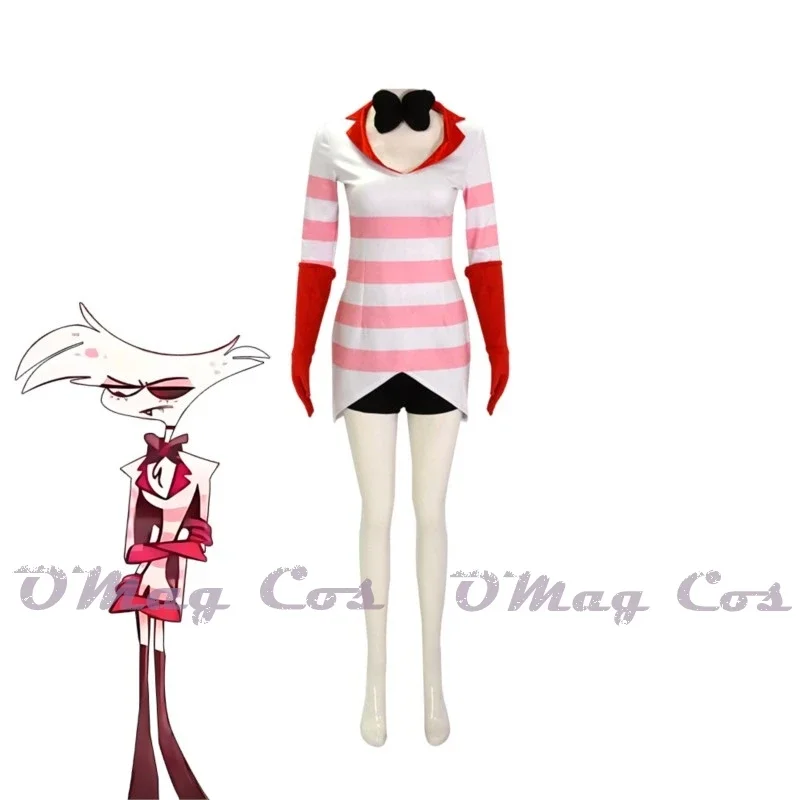 Angel Dust Cosplay Nette Anime Cartoon Cosplay Costume pour femme, déguisement d'hôtel, gants, nœud rose, robe rose, tenue d'Halloween, jeu de rôle grill