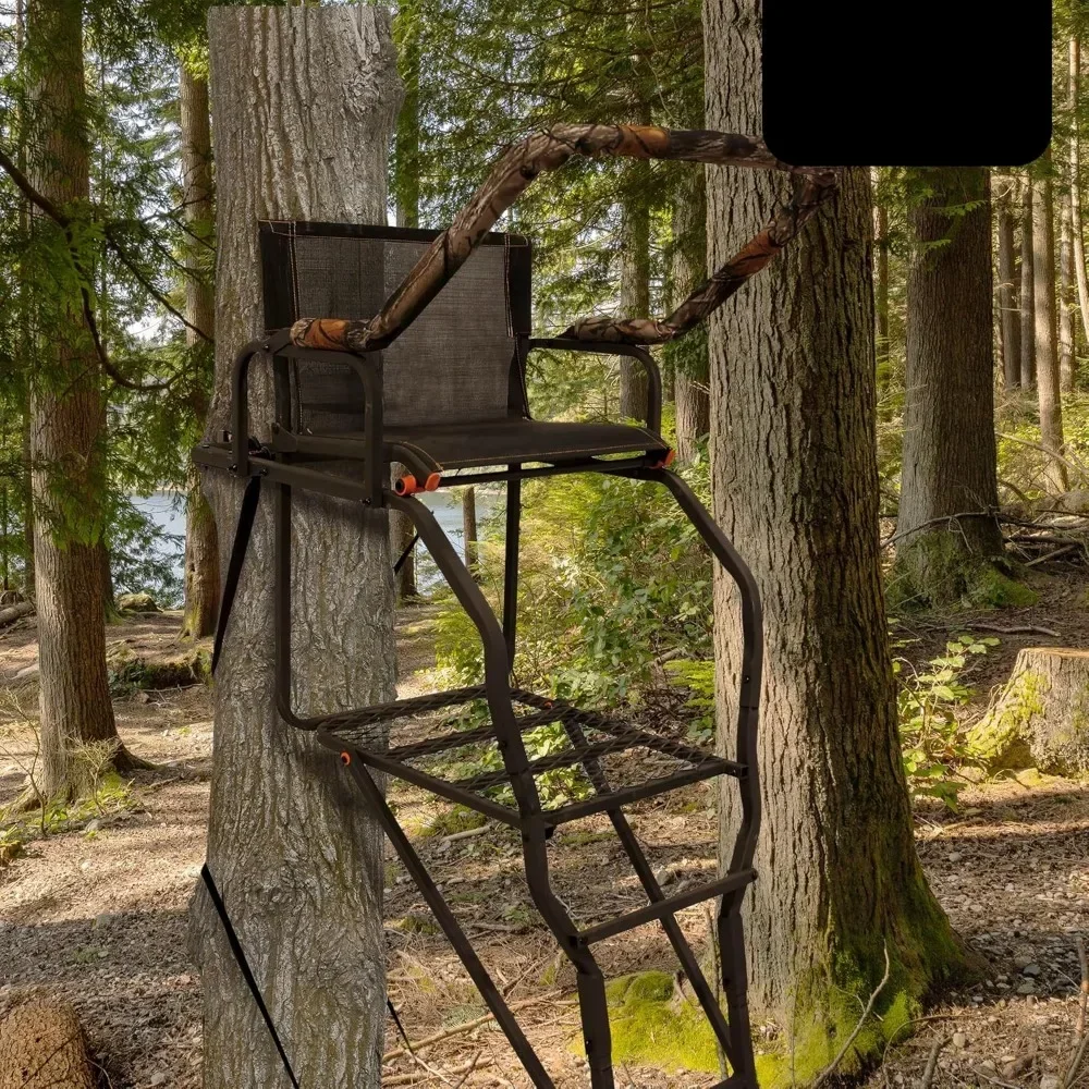 Person Deer Hunting Ladder Climbing Tree Stand with Flip Back Seat and Shooting Rail