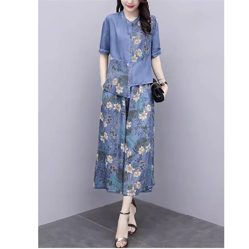 Skirts Womens 2024 Summer New Fashion Women Printed Hooded Shirt Denim Skirt Two Piece Set Female Long Skirt Suit 479