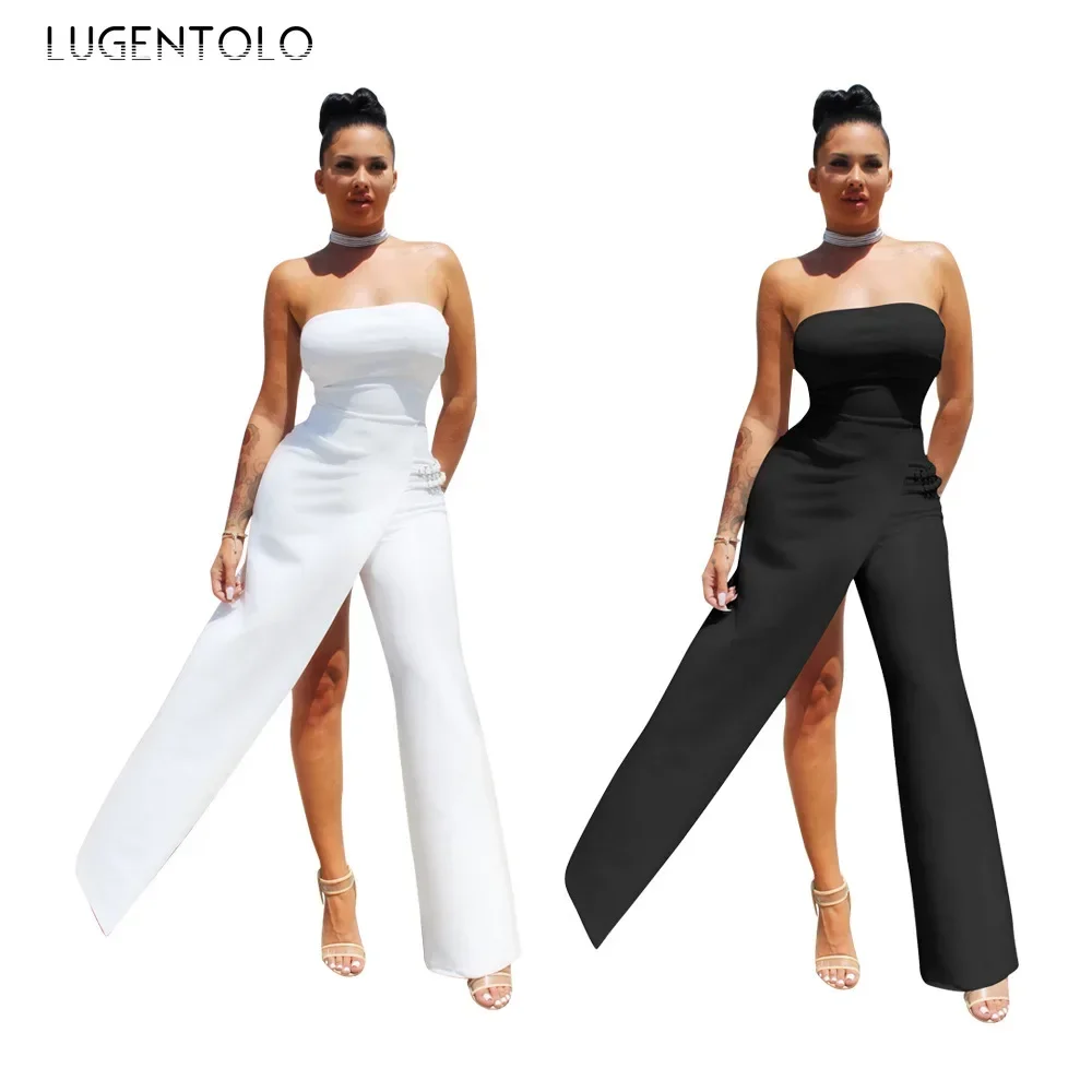 

Sexy Jumpsuits Women Sleeveless Breast Wrap High Waist Solid Irregular Split Fork Feamle Elegant Straight Jumpsuit Lugentolo