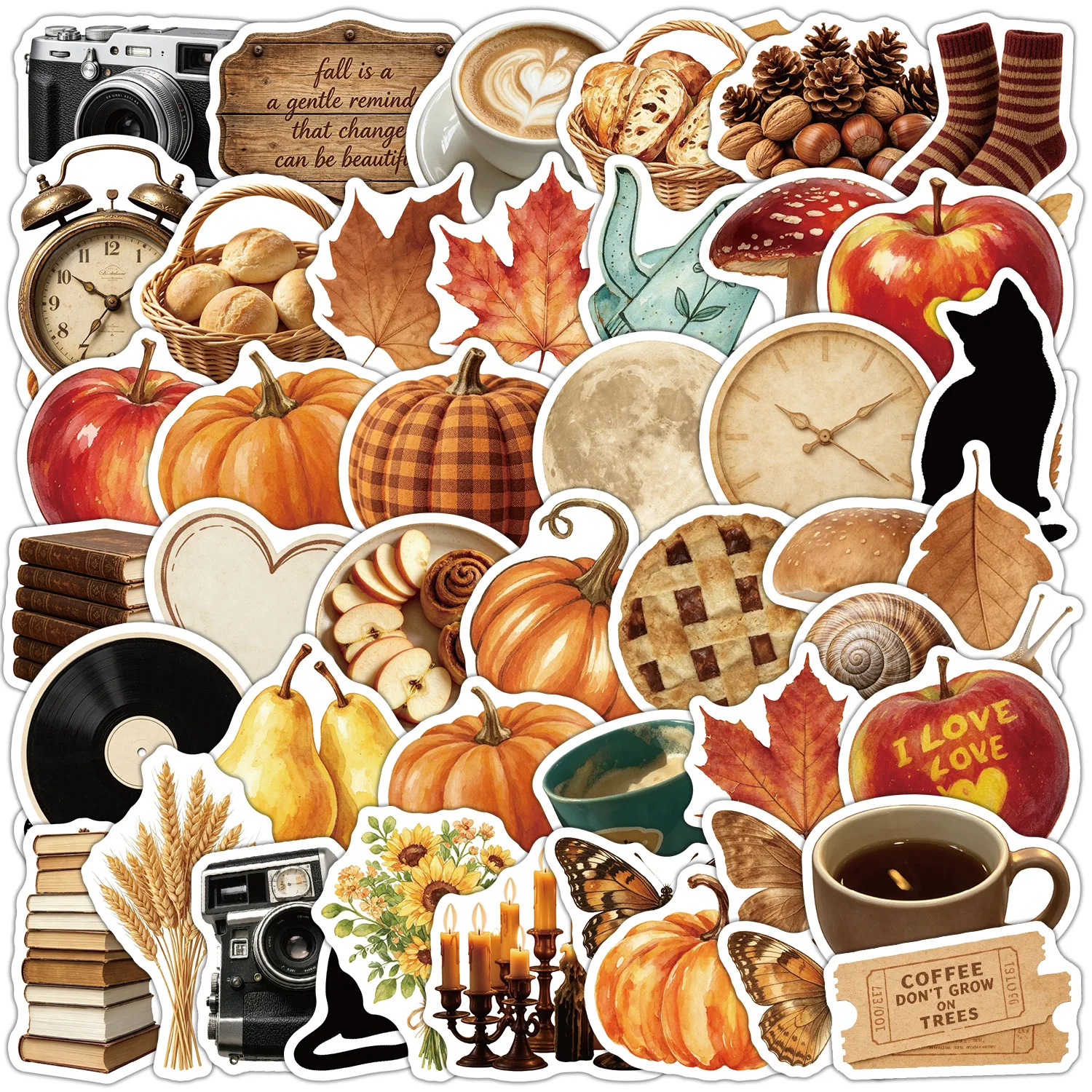 50-Pack Waterproof Vintage Autumn Graffiti Stickers Creative Decorative Paper Art Patches for DIY Projects