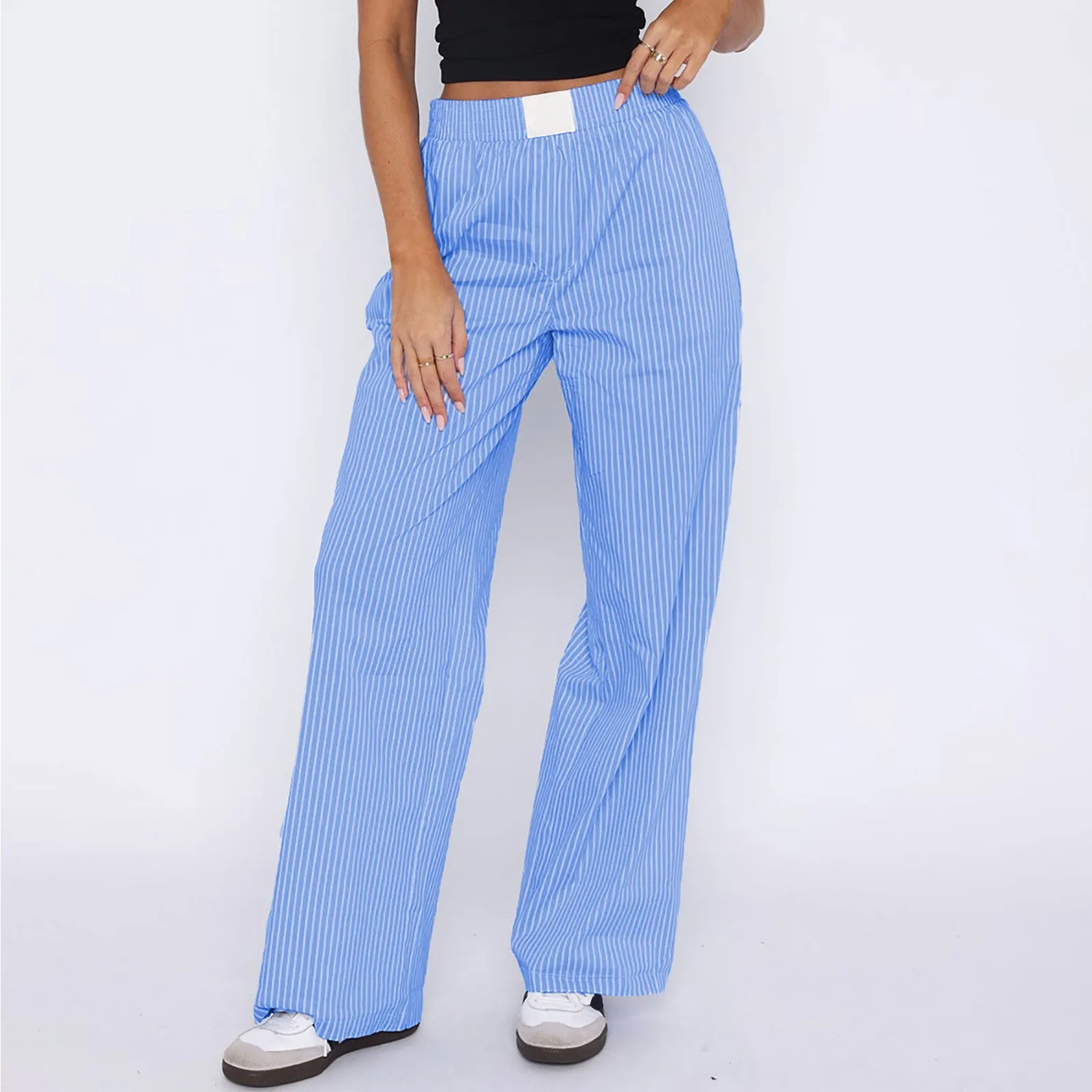 

Полосатые корейские повседневные Прямые брюки, летние женские свободные праздничные брюки, милые розовые офисные брюки с высокой талией