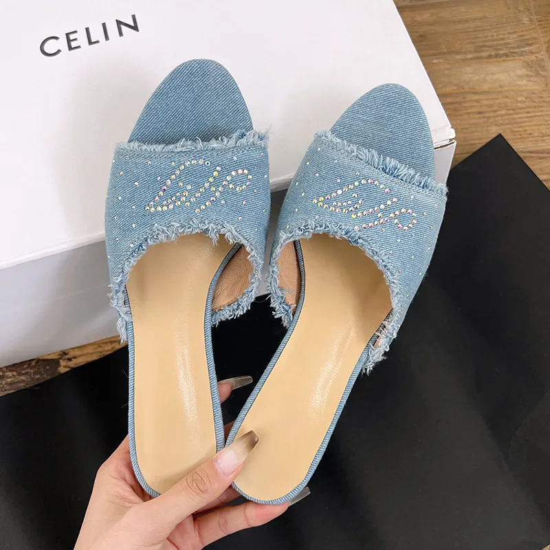 Fashion Sandals Women's New High Quality Denim Slippers Round Head Crystal Open Toe Open Heel Modern Slippers