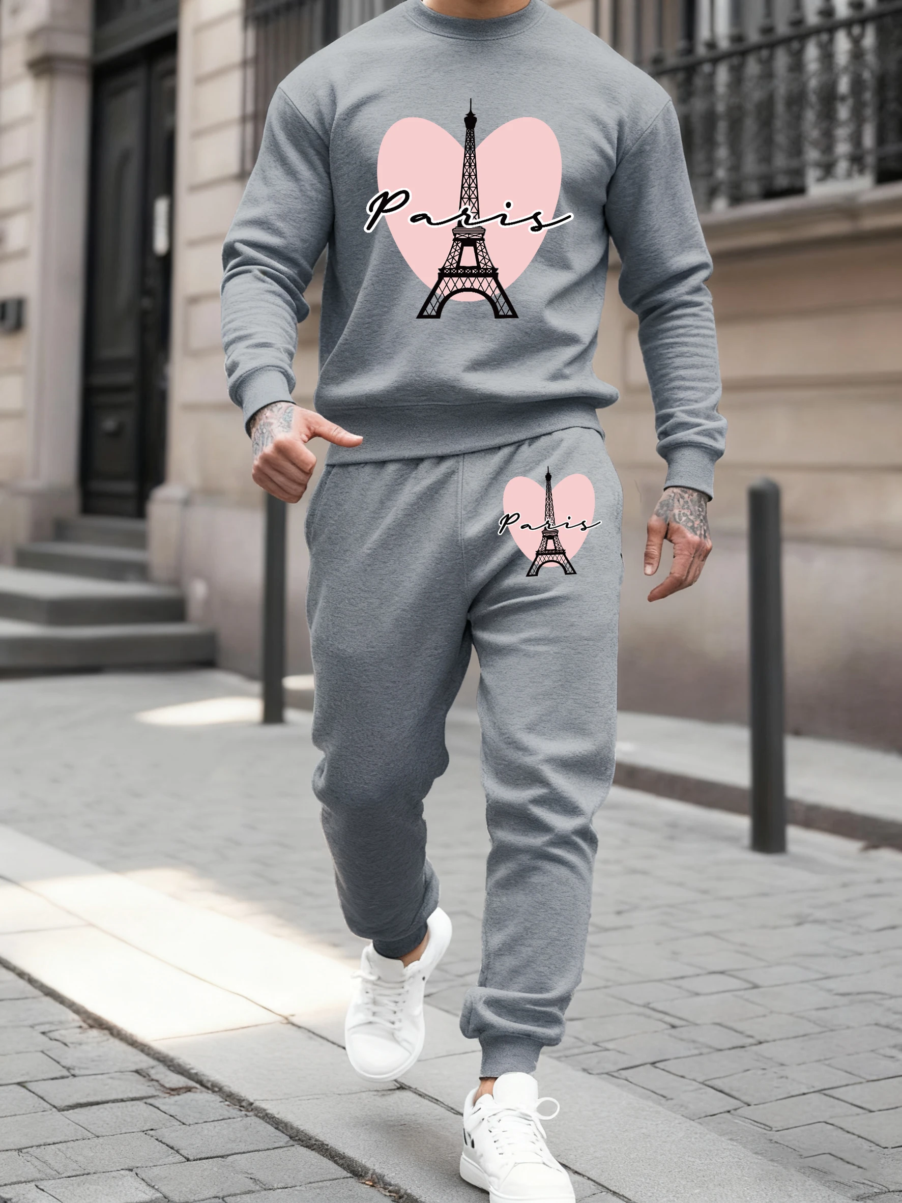 Paris France Eiffel Tower Print Men Sweatshirt Suit O-Neck Soft Pullovers Casual Comfy Sweatpants Man Autumn Jogging 2 Piece Set