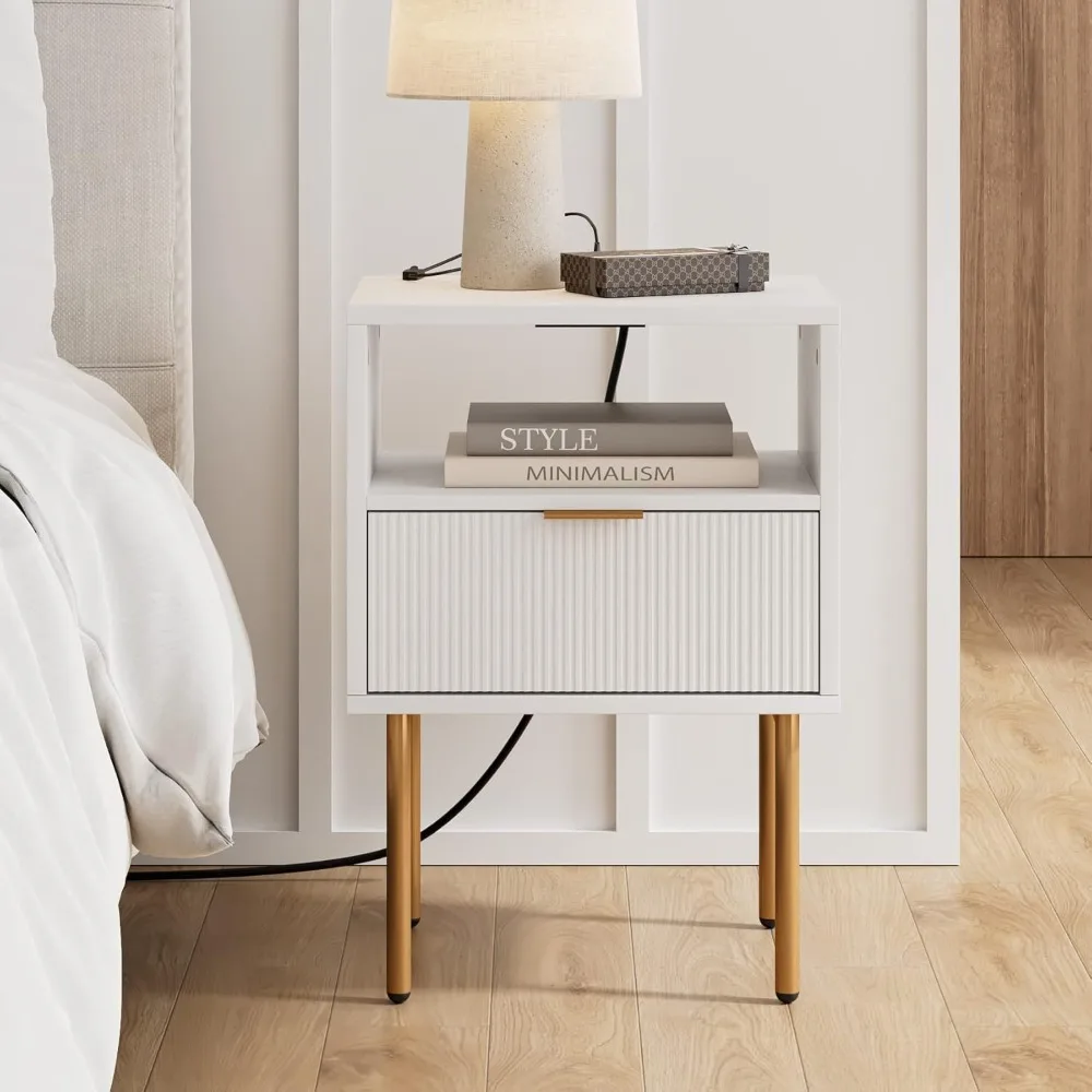 

Nightstand with Charging Station,Mid-Century Modern Bedside Table with Storage Drawer and Open Wood Shelf