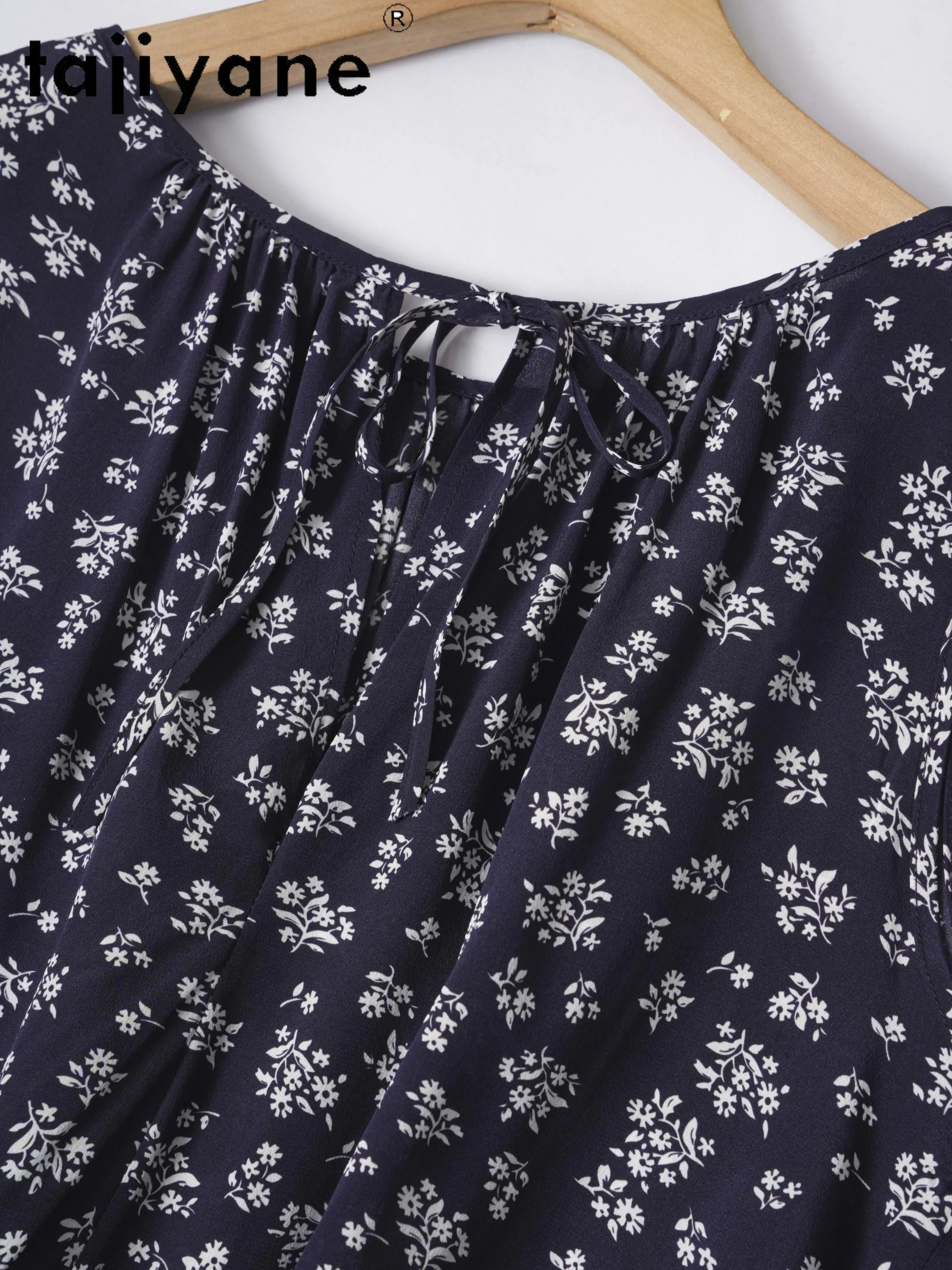 Tajiyane 100% soie de mûrier été nouveau minceur bleu Floral sur le genou soie col rond sans manches femmes robe Ж Dönali Одеж Б
