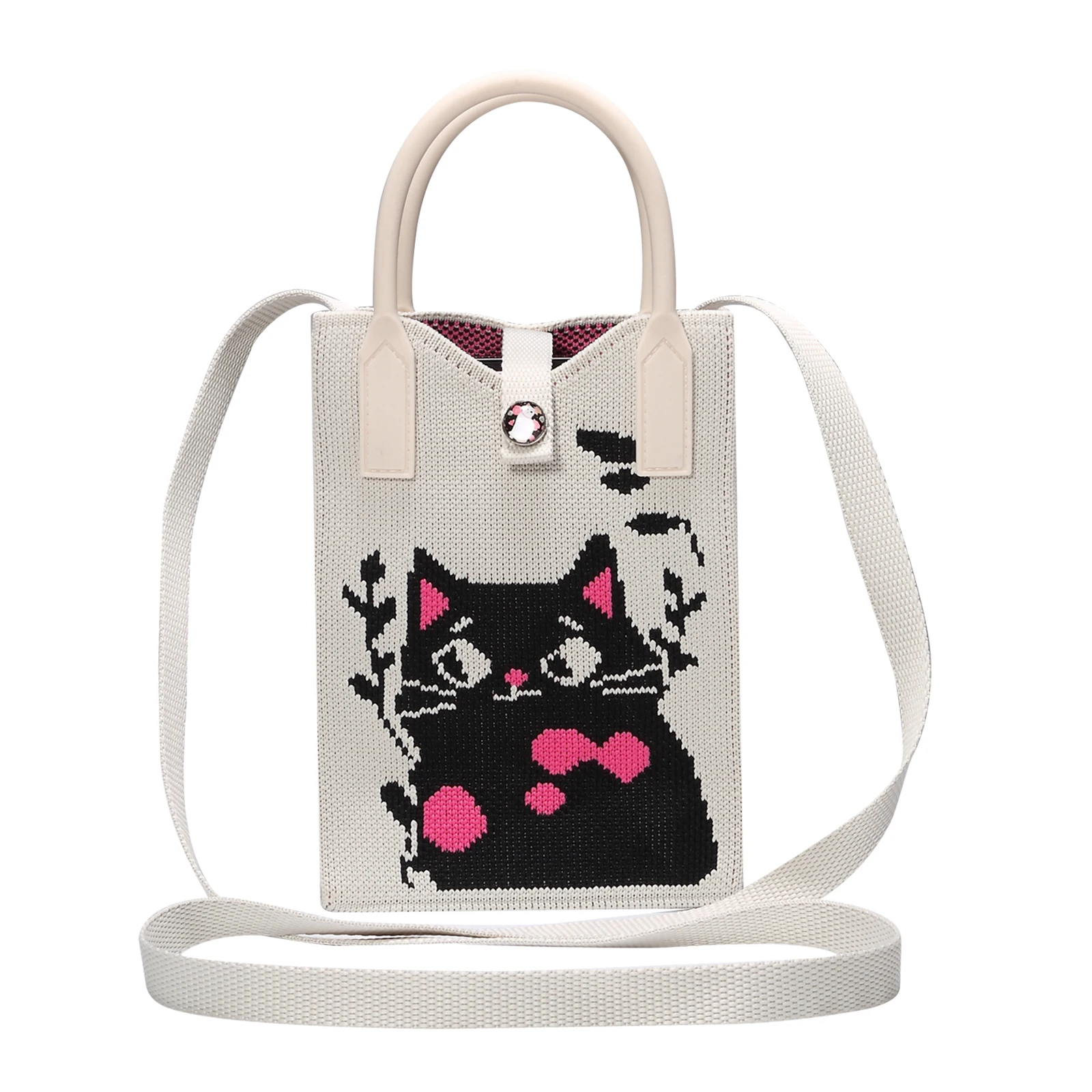 Universal Cute Cat Panda Pattern Phone Bag For iPhone 15 14 13 12 11 Pro Max 15 Plus XR Lanyard Crossbody Knitting Handbag Pouch