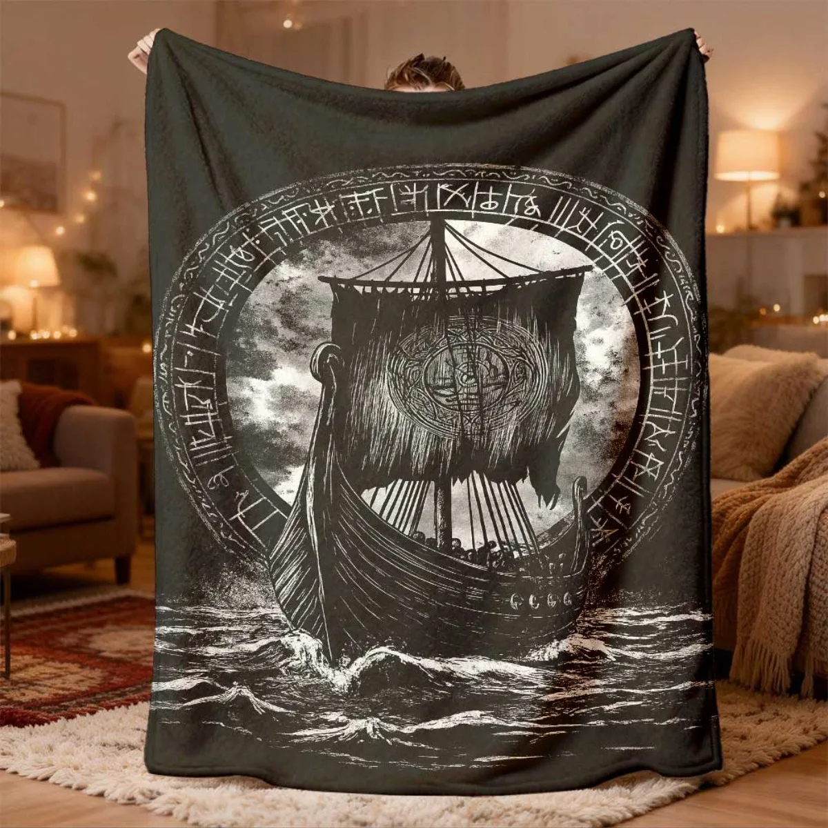 Vintage Viking Longship with Rune Circle Print Flannel Blanket, Soft Warm Bed Blanket for Sofa Bedroom Camping Nordic Decor Gift