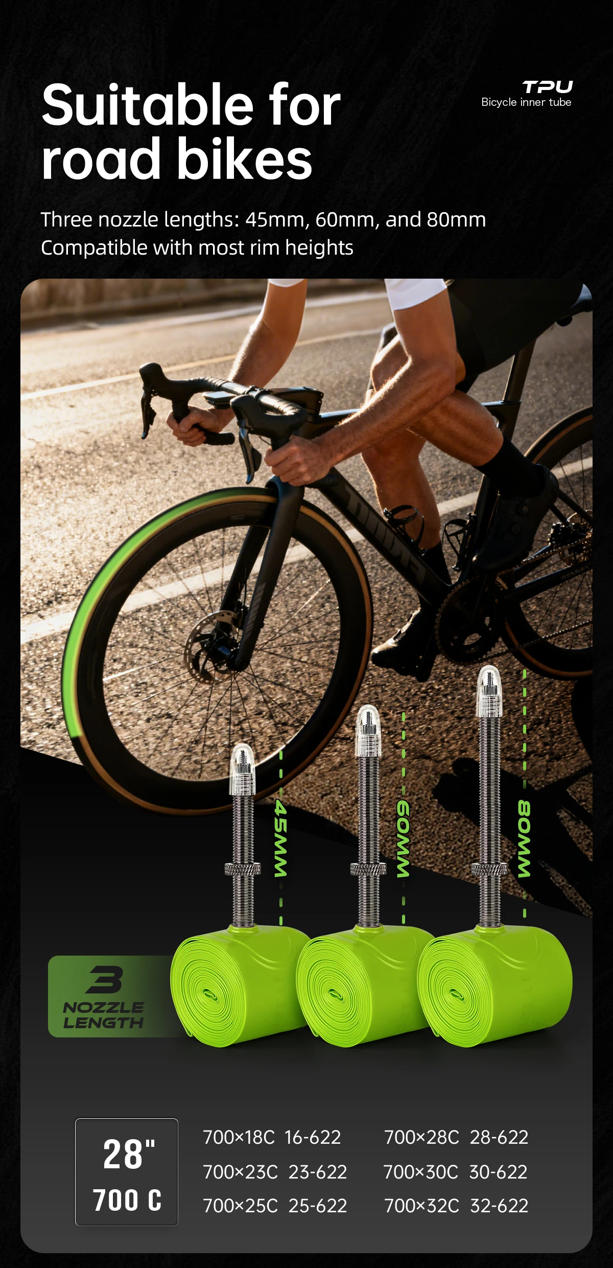 CYCLAMI Abnehmbarer Luftventilkern TPU Road Inner 700c Schlauch Fahrrad Rennrad Ultraleichtes TPU-Material Reifen Französisches Ventil 45 60 80 mm – Detail 7