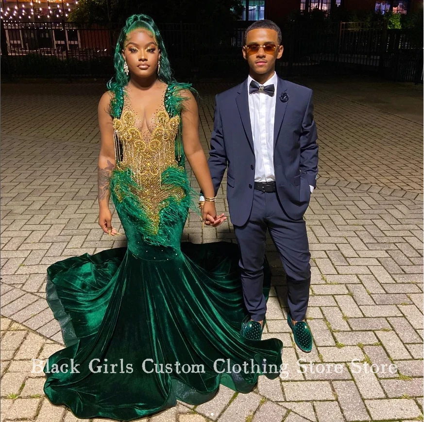 Luxury Emerald Green Mermaid Prom Party Dress 2024 Glitter Feather Beaded Applique Black Girl Wedding Velvet Evening abiye