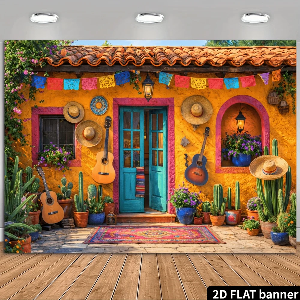 2D Flat Mexican Hacienda Colorful Cactus Guitar Tapestry Fiesta Home Decor Living Room Wall Art Vibrant Cultural Scen Background