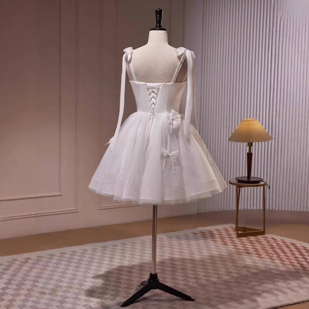 Temperament Socialite Birthday Party Dresses Sleeveless Lace-Up Straps 3D Bow High Waist Mesh Fluffy White Wedding Dress Women