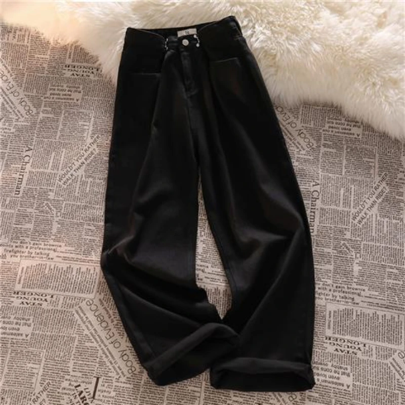 Spring Autumn New Fashion High Waist Button Solid Color Jeans Women's Clothing Loose Casual Pocket Korean Trend Straight Pants