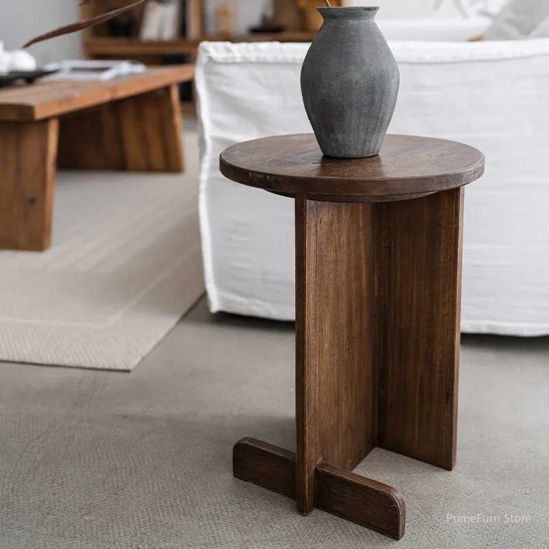 Wabi-sabi Japanese Pine Round Sofa Side Coffee Corner Table American