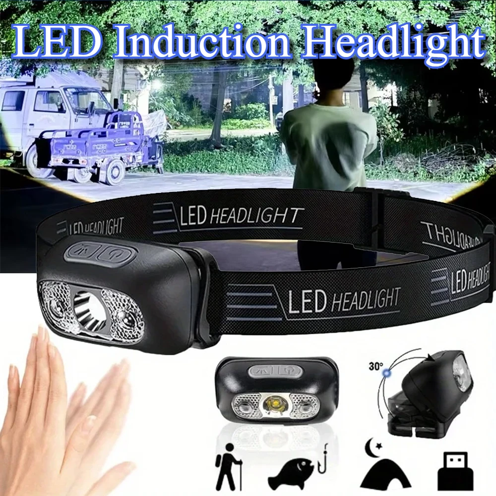

Миниатюрный ультраяркий промышленный налобный фонарь с датчиком, портативный светодиодный фонарь с зарядкой USB-C для кемпинга и рыбалки на открытом воздухе