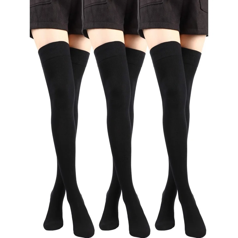 

3 Pairs Women's Cotton Thigh High Socks Over the Knee Ribbed Boot Stockings Long Leg Warmers Black Medium Soft Breathable