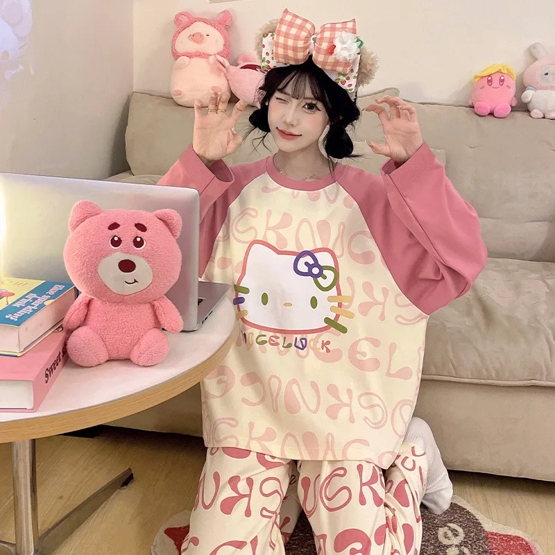 

Sanrio Women's Pajamas Spring and Autumn New Hello Kitty Long Sleeve Pants Cartoon Loose Home Clothes