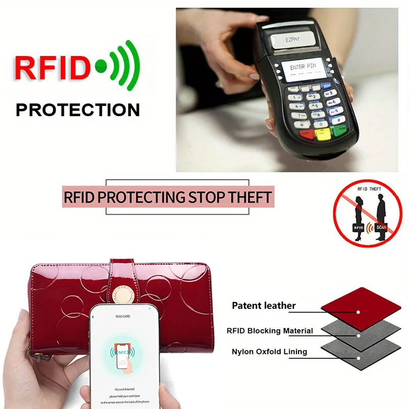 Fashion Women's Clutch Bags RFID Blocking Card Holder Purses with Pocket Zip and Lanyard Patent Leather Wallets for Women Gift