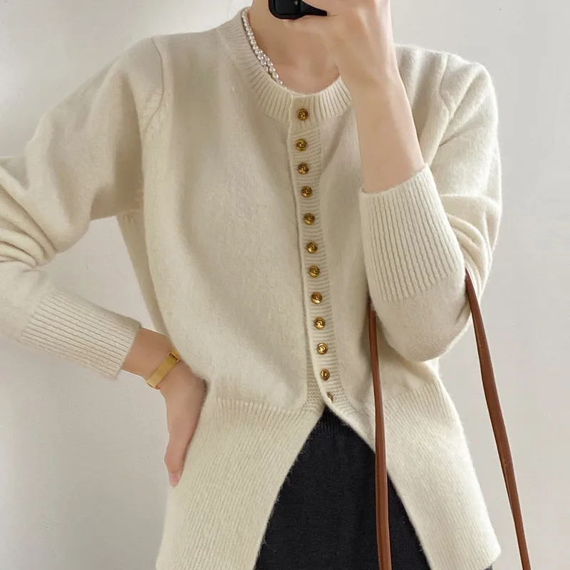 

Fashion O-neck Sweater Women's Exquisite Button Knitted Cardigan Coat Femal Spring Autumn 2023 New Elegant Solid Long Sleeve Top