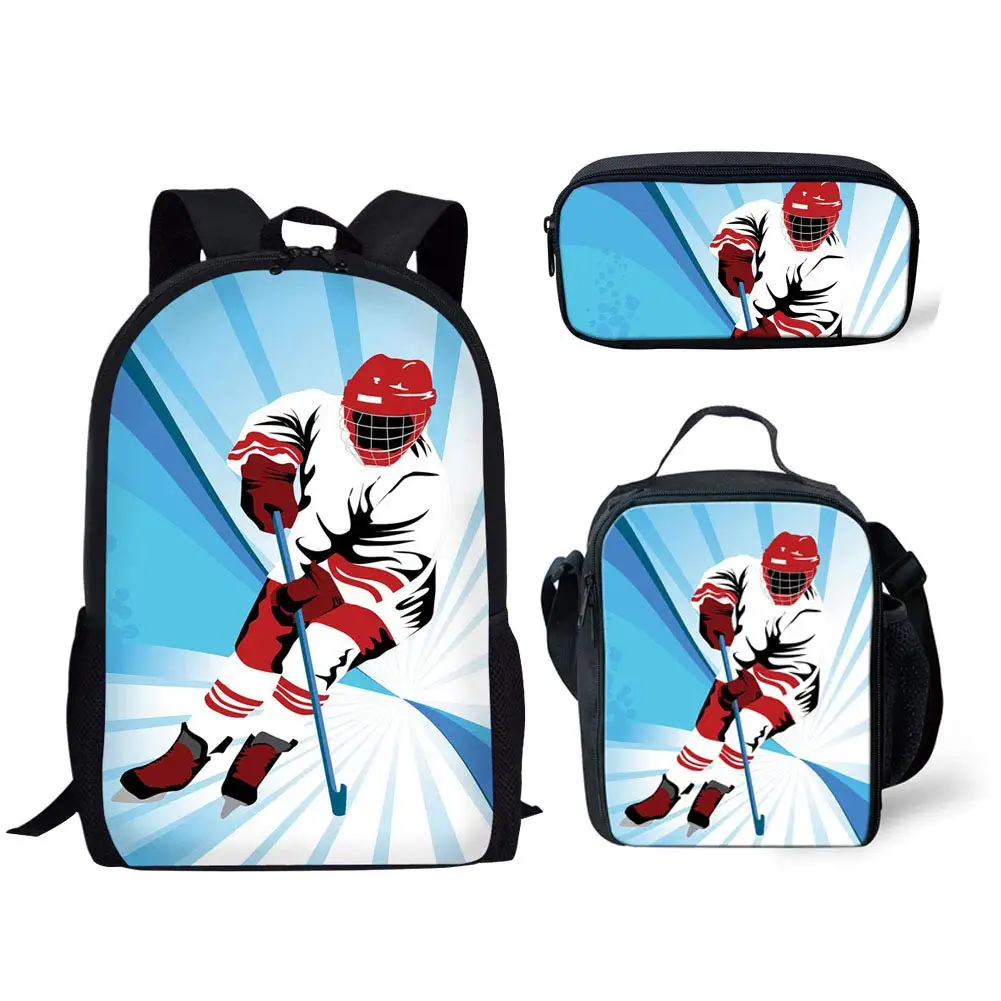 Esporte Hockey Player Mochila para Homens, Mochilas Escolares, Lancheira, Estojo de Lápis, Mochila de Estudante, Adolescentes, Meninos, 3 Pcs