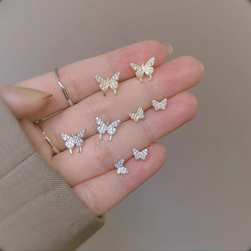 Women's Fashion Cute Butterfly Tiny Stud Earrings Micro Crystal Zircon Paved Female Trendy Romantic Ear Nail Piercing Accessory