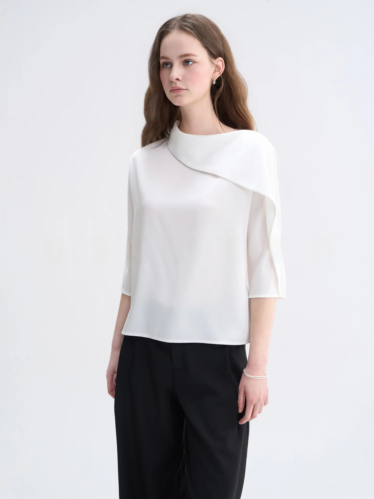 

USSHEEN Asymmetric Sash Shirt Women Commute Workplace Elegant Shape Top Polyester Fiber Five Sleeve Regular Length