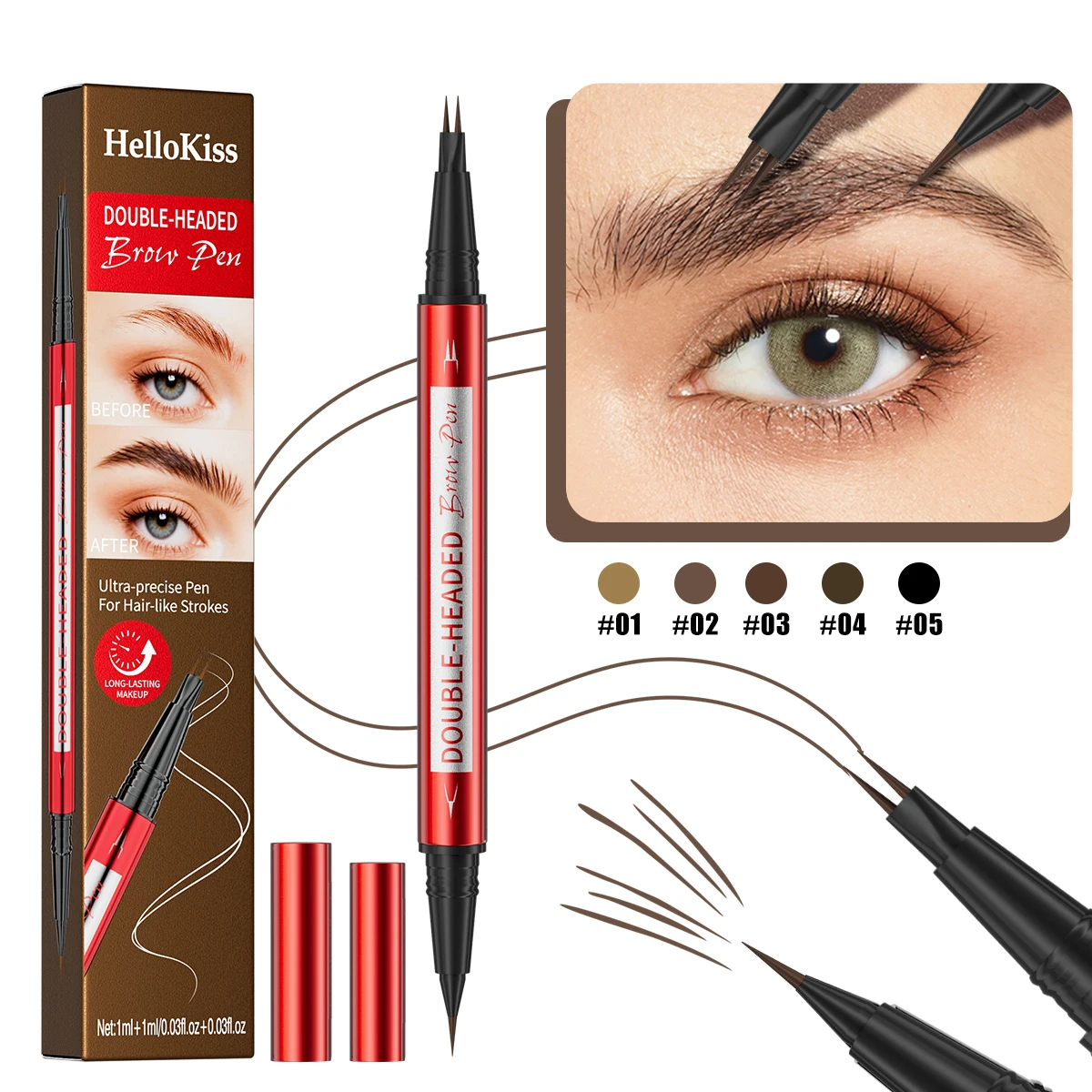 قلم حواجب مقاوم للماء، قلم حواجب Microblading برأسين مقسمين، مكياج حواجب ذو مظهر طبيعي (5 ألوان)