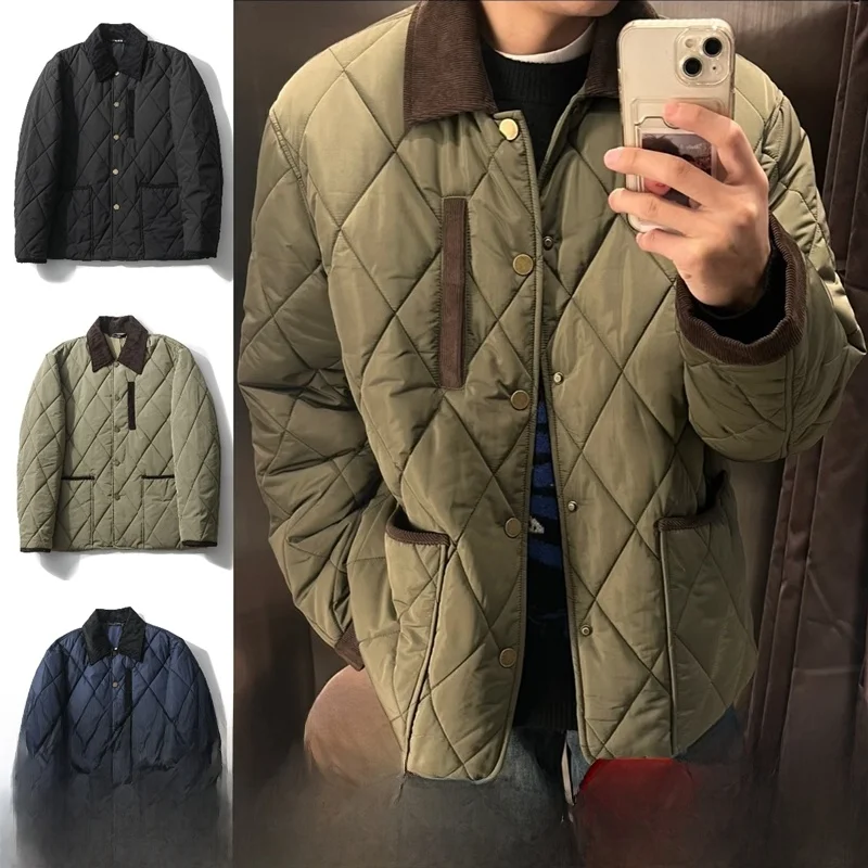 Men's Casual Quilted Corduroy Patchwork Light Warm Cotton Jacket Autumn Winter Fashion City Style Long Sleeve Button Closure