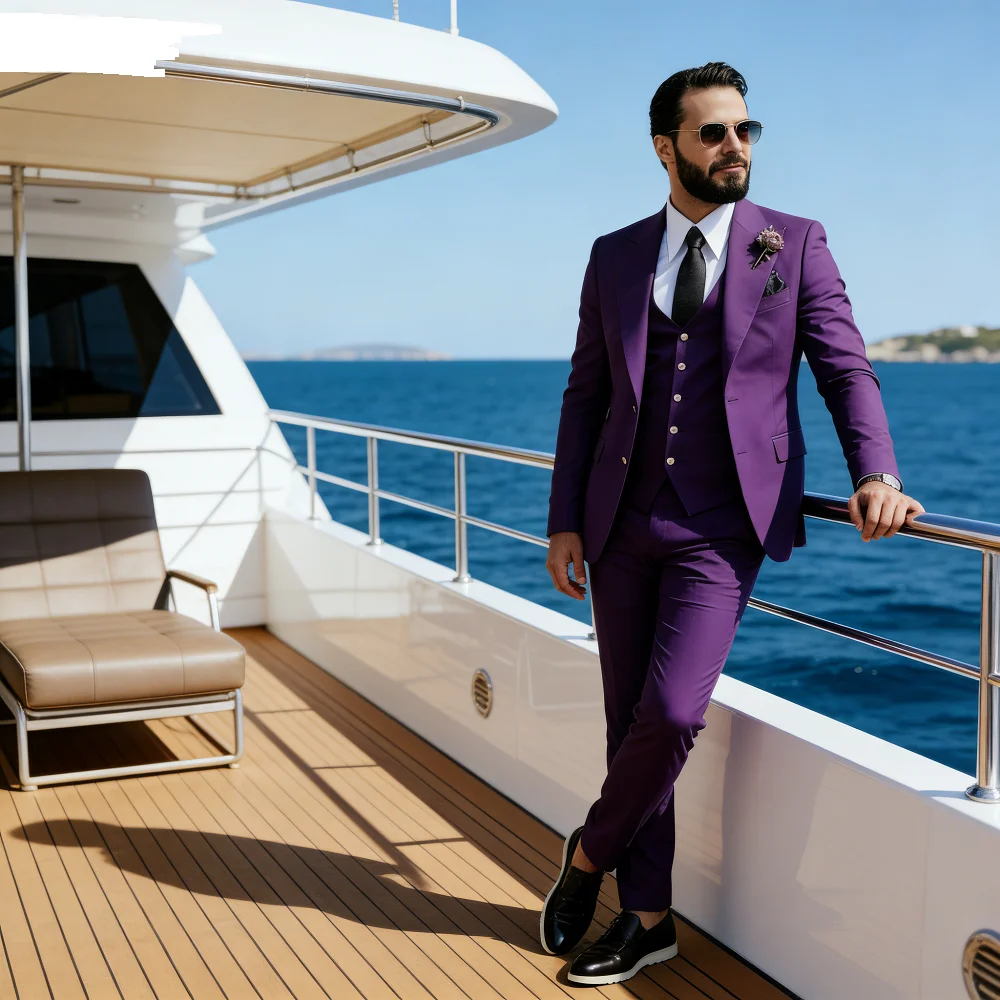 

Elegant Rose Red 3-Piece Slim Fit Men's Suit Double Breasted Blazer Vest Pants Set for Wedding Groom Tuxedo Business Party