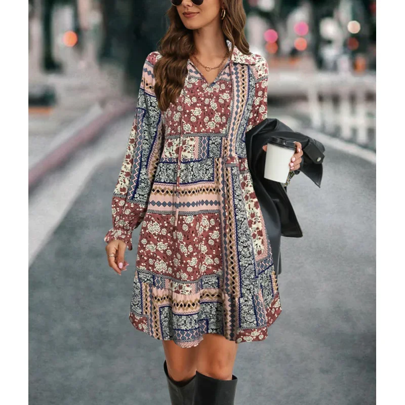 

2025 New Autumn Fashion Print V-neck Drawstring Patchwork Long Sleeved Temperament Commuting Women's Unique Mid Length Dress