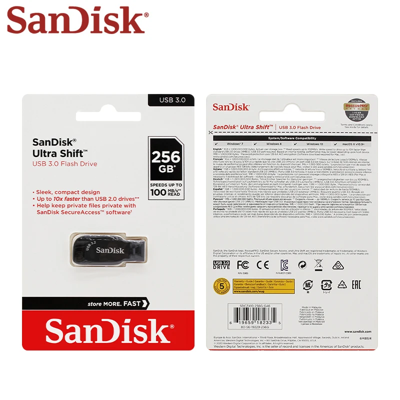 محرك فلاش USB 3.2 أسود SanDisk Ultra Shift Pen Drive 32GB 64GB 128GB 256GB 512GB Max 100Mb/s U Disk للكمبيوتر