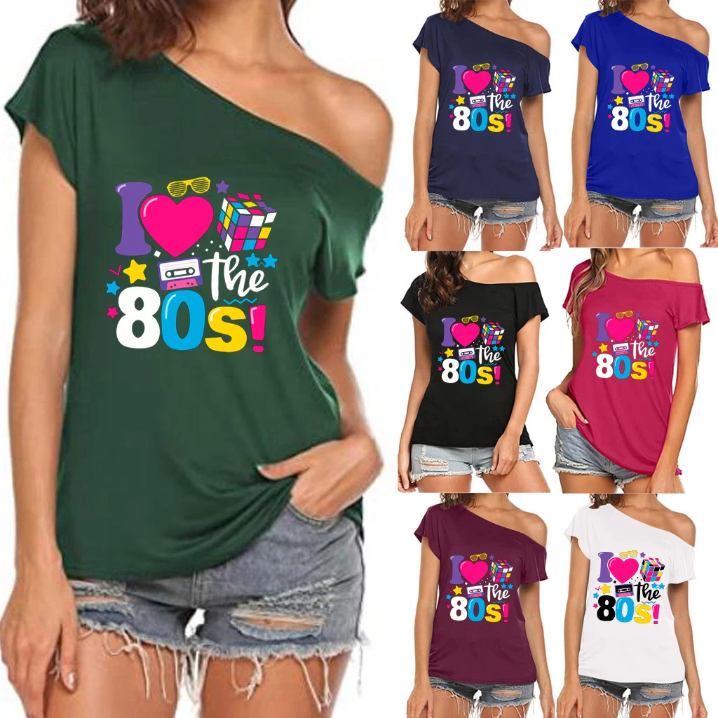 XUANSHOW 2024 Sommer I Love the 80s Emotional Element T-Shirt Sexy Off Shoulder Tops Kurzarm Buchstaben bedrucktes T-Shirt – Detail 4