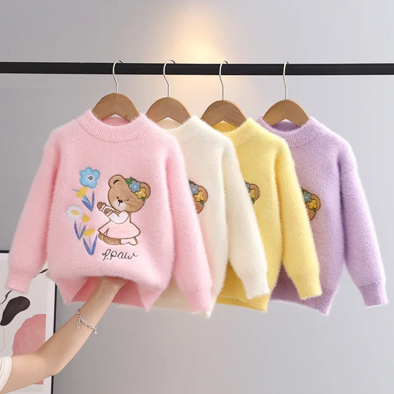 

New Girls Sweater Autumn Winter Children Knitted Clothes Cartoon Bear Pullover Sweaters for Kids Girls with Floral 3-11Y GY08241